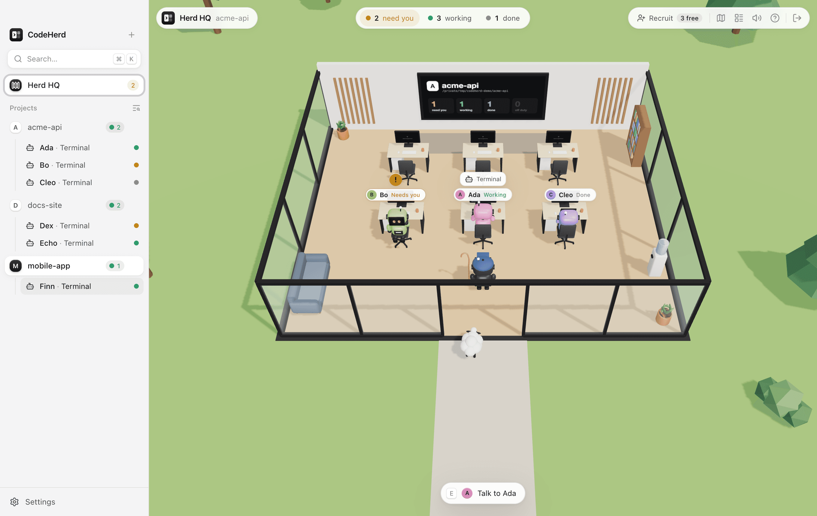Herd HQ: a glass studio for the acme-api project with three bots at their desks, Ada working, Bo turned round waiting for you and Cleo done, their names over their heads.