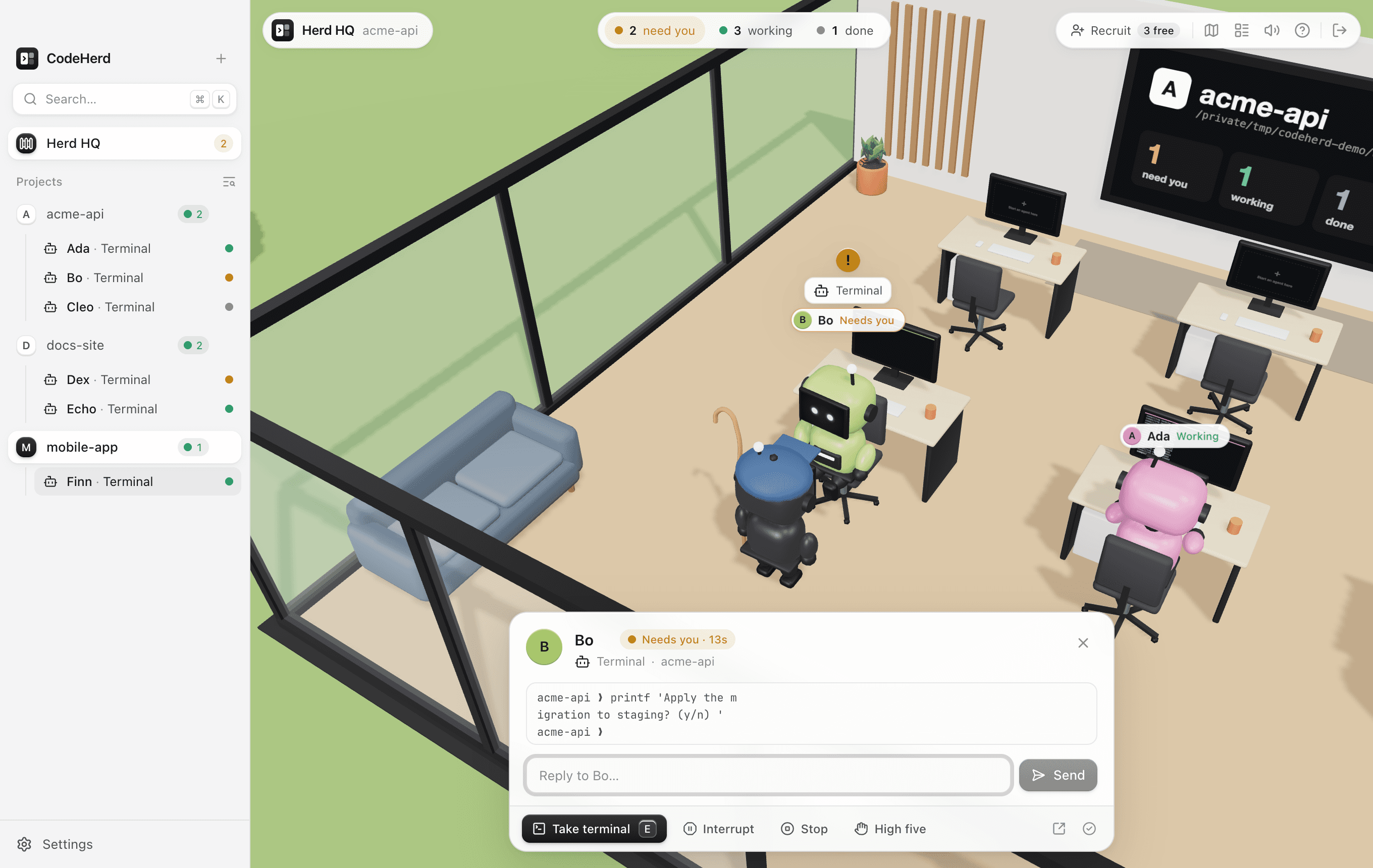 Talking to Bo in Herd HQ: he has swivelled his chair round to face you, and his card shows that he's waiting for an answer, his last lines and a reply box.