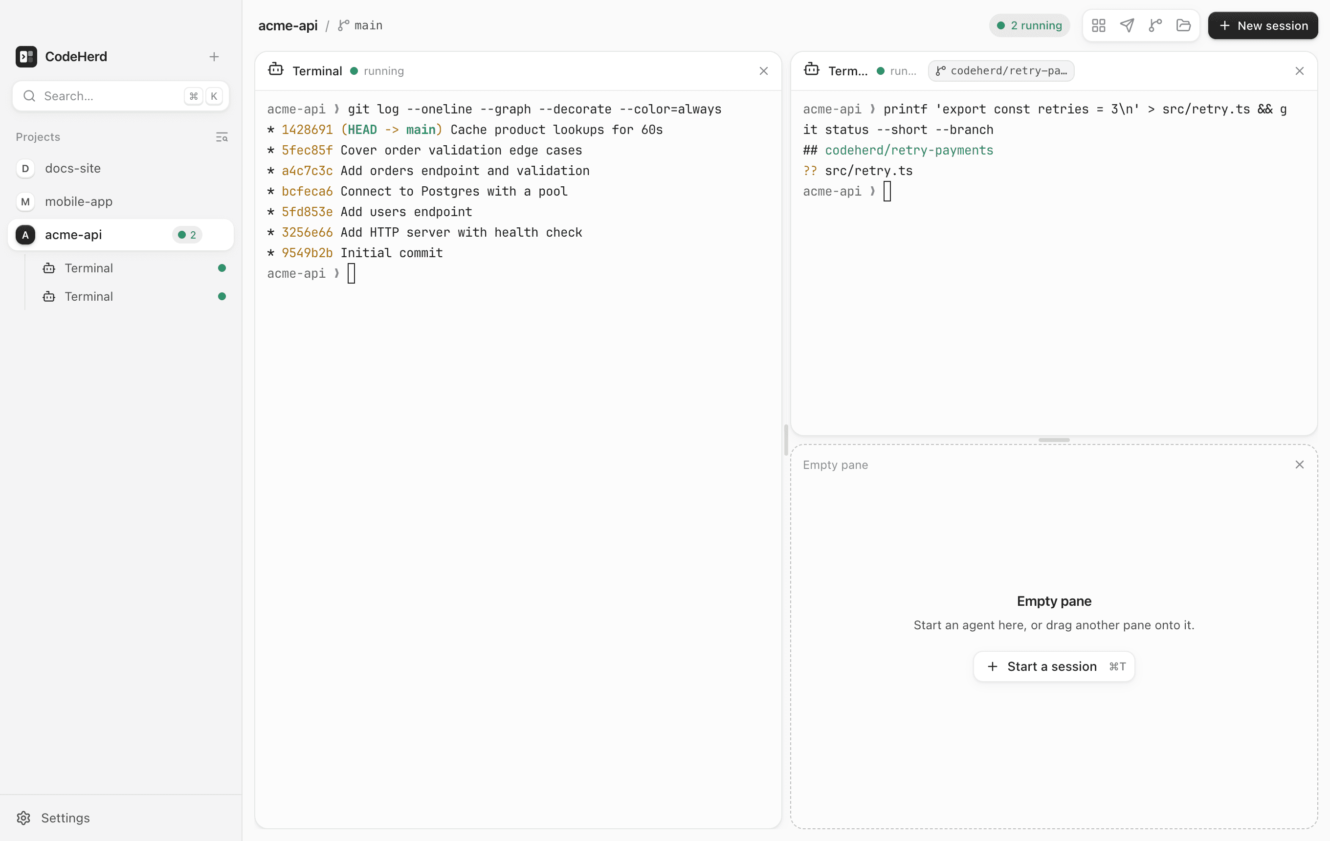 A CodeHerd project with split panes and a git worktree badge.